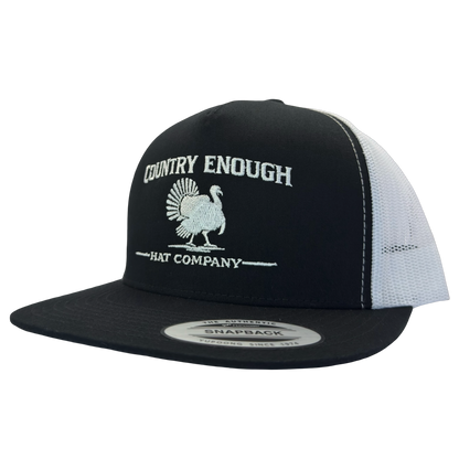 Yupoong 6006 snapback with graphic of turkey and words country enough hat company #black/white