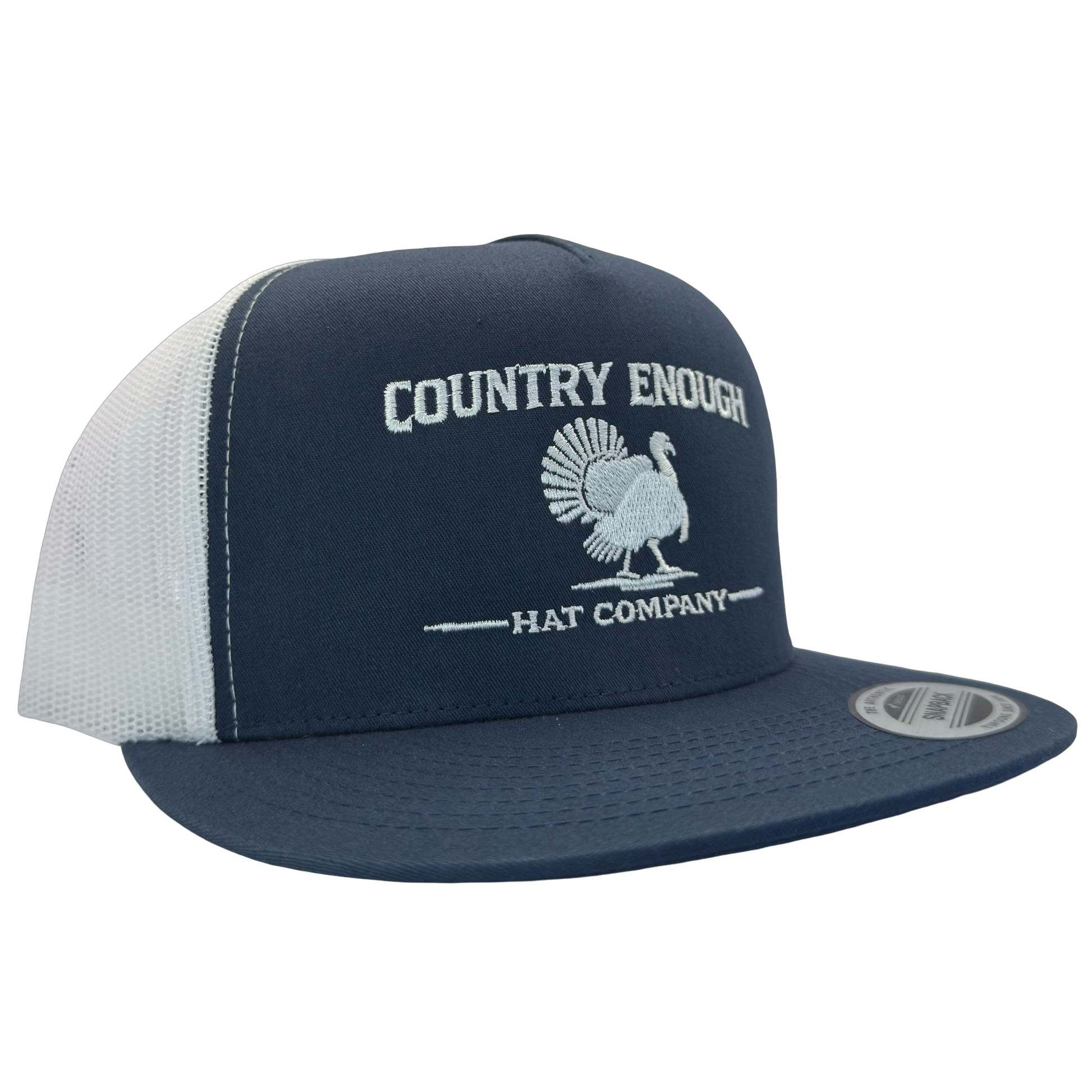 Yupoong 6006 snapback with graphic of turkey and words country enough hat company #navy/white