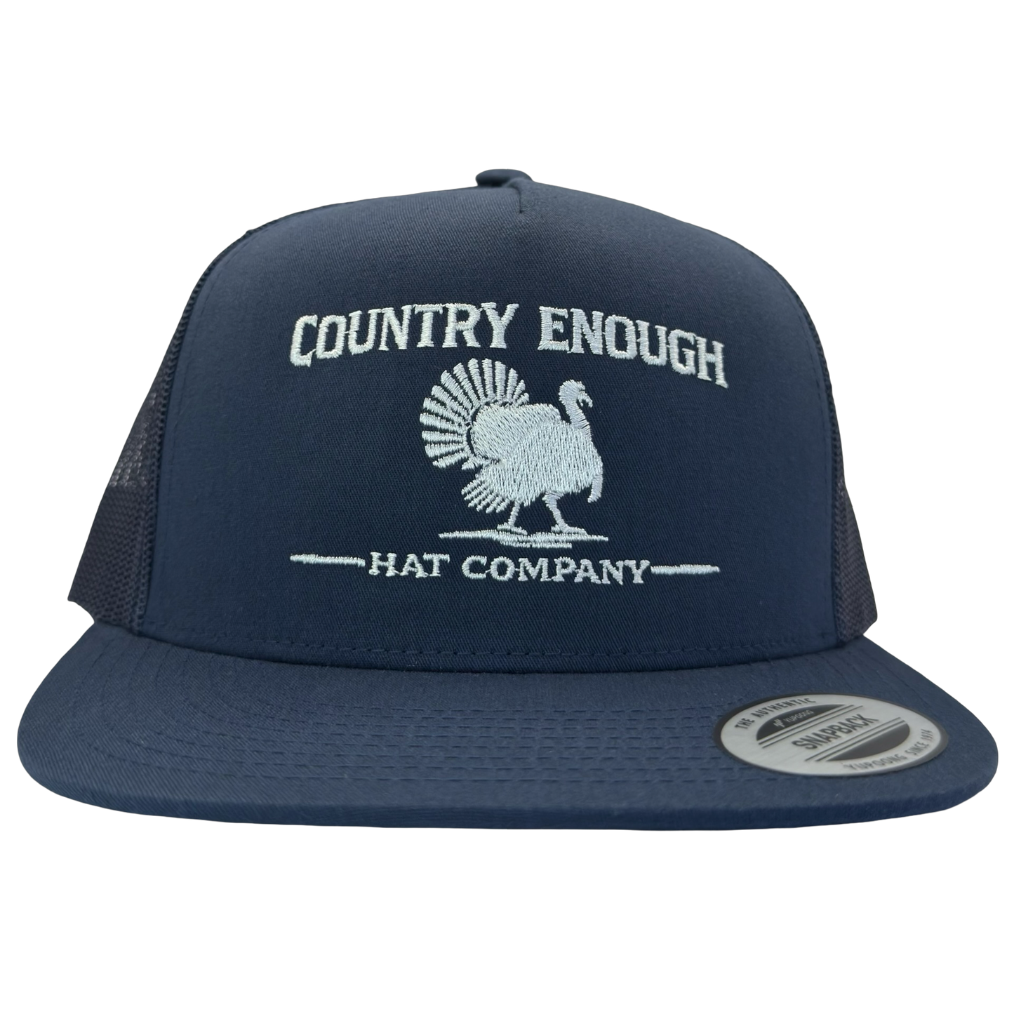 Yupoong 6006 snapback with graphic of turkey and words country enough hat company #navy