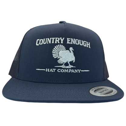 Yupoong 6006 snapback with graphic of turkey and words country enough hat company #navy