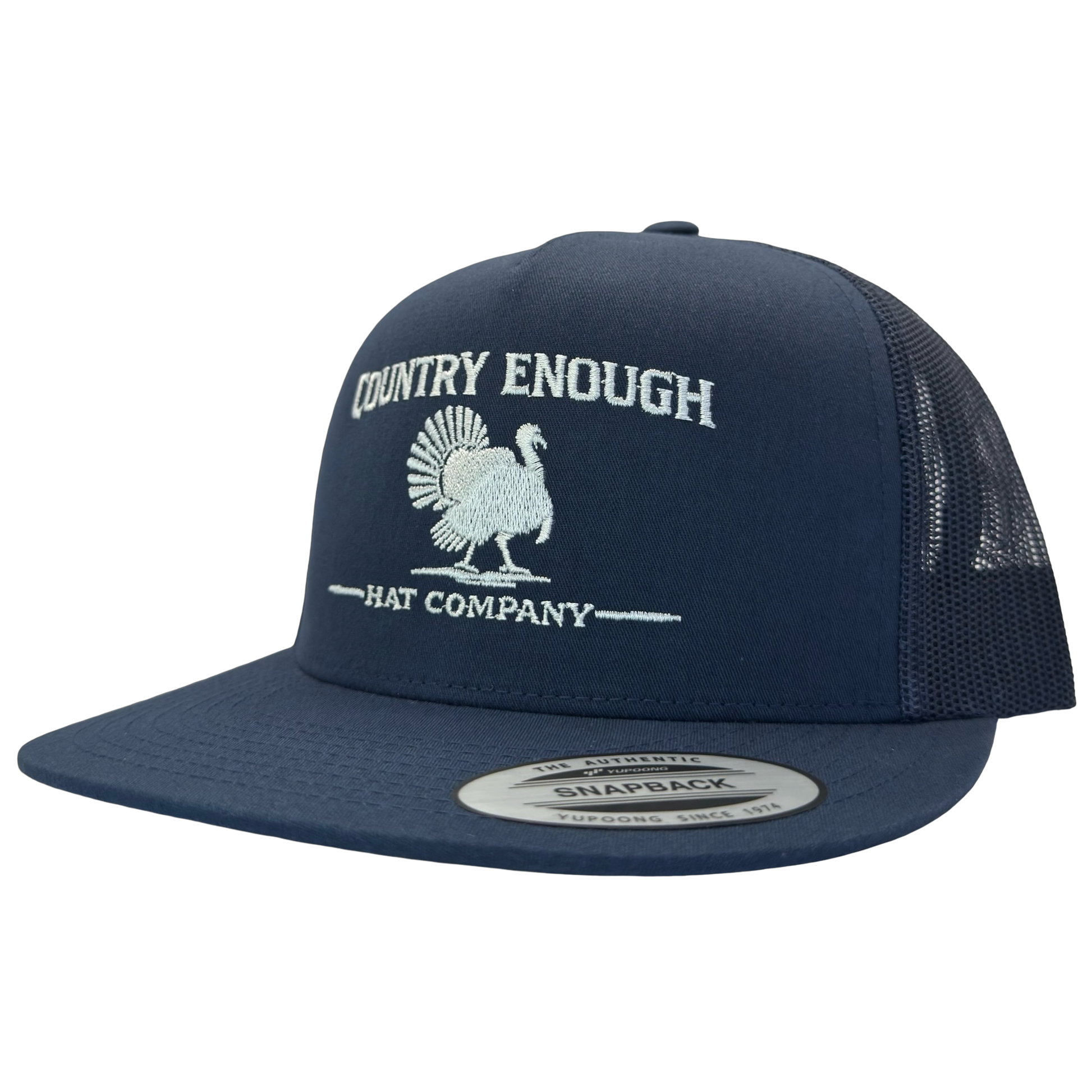 Yupoong 6006 snapback with graphic of turkey and words country enough hat company #navy
