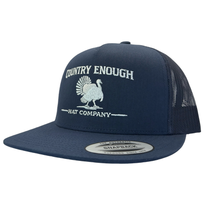 Yupoong 6006 snapback with graphic of turkey and words country enough hat company #navy