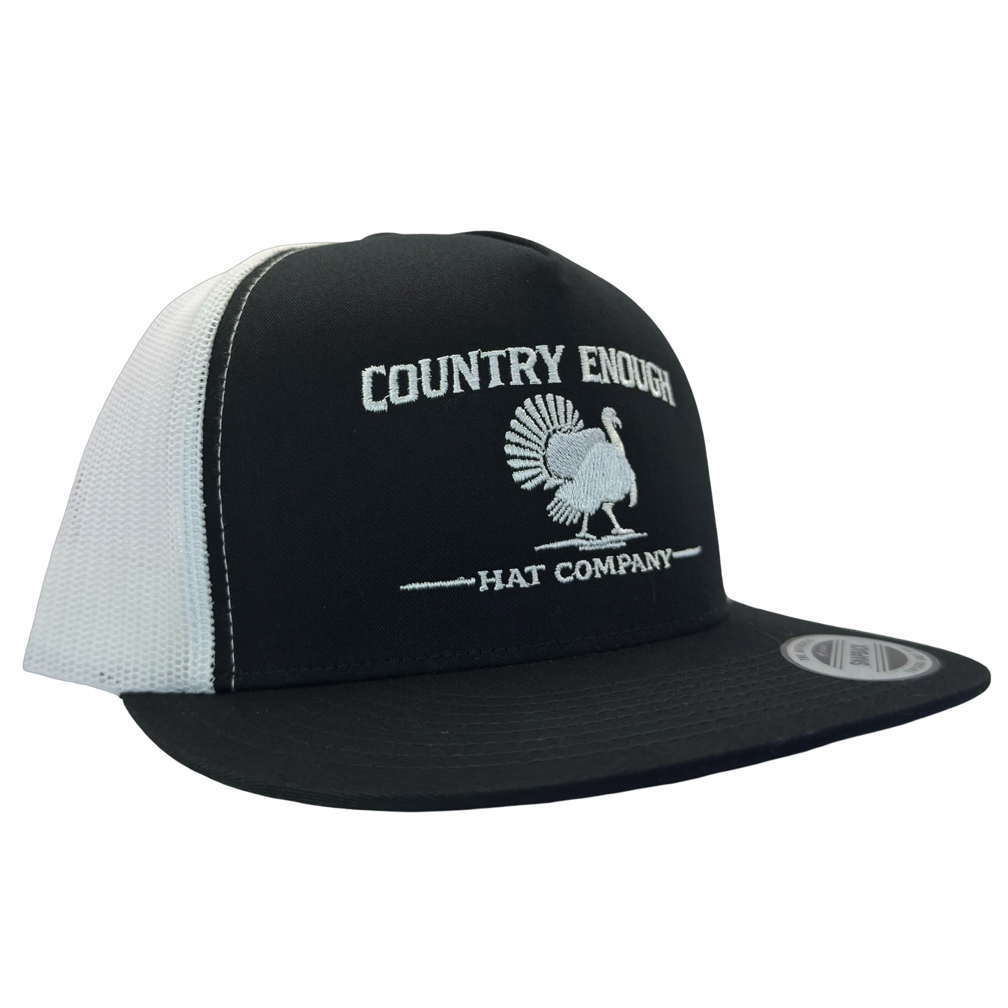 Yupoong 6006 snapback with graphic of turkey and words country enough hat company #black/white