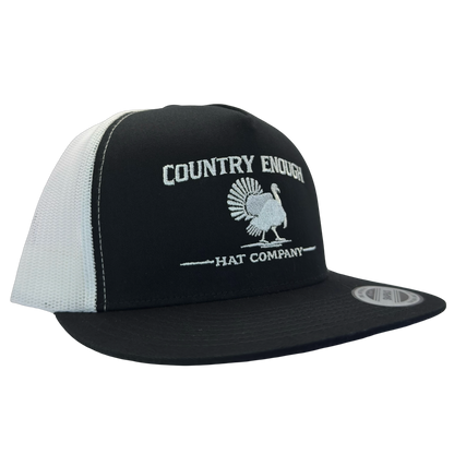 Yupoong 6006 snapback with graphic of turkey and words country enough hat company #black/white