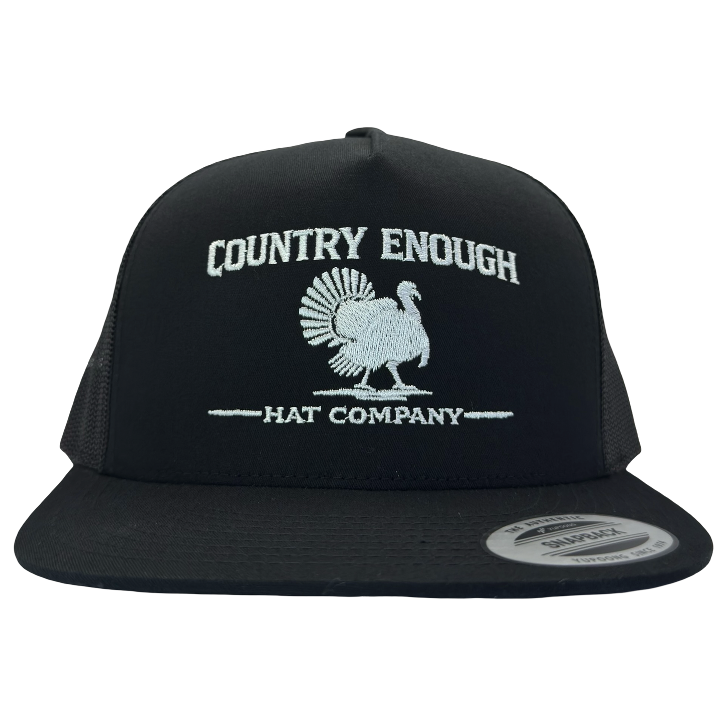 Yupoong 6006 snapback with graphic of turkey and words country enough hat company #black