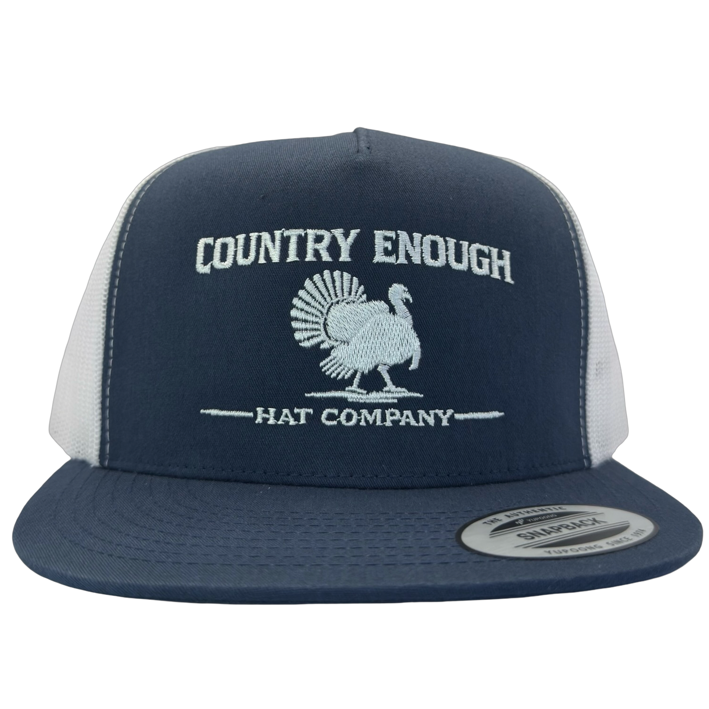 Yupoong 6006 snapback with graphic of turkey and words country enough hat company #navy/white
