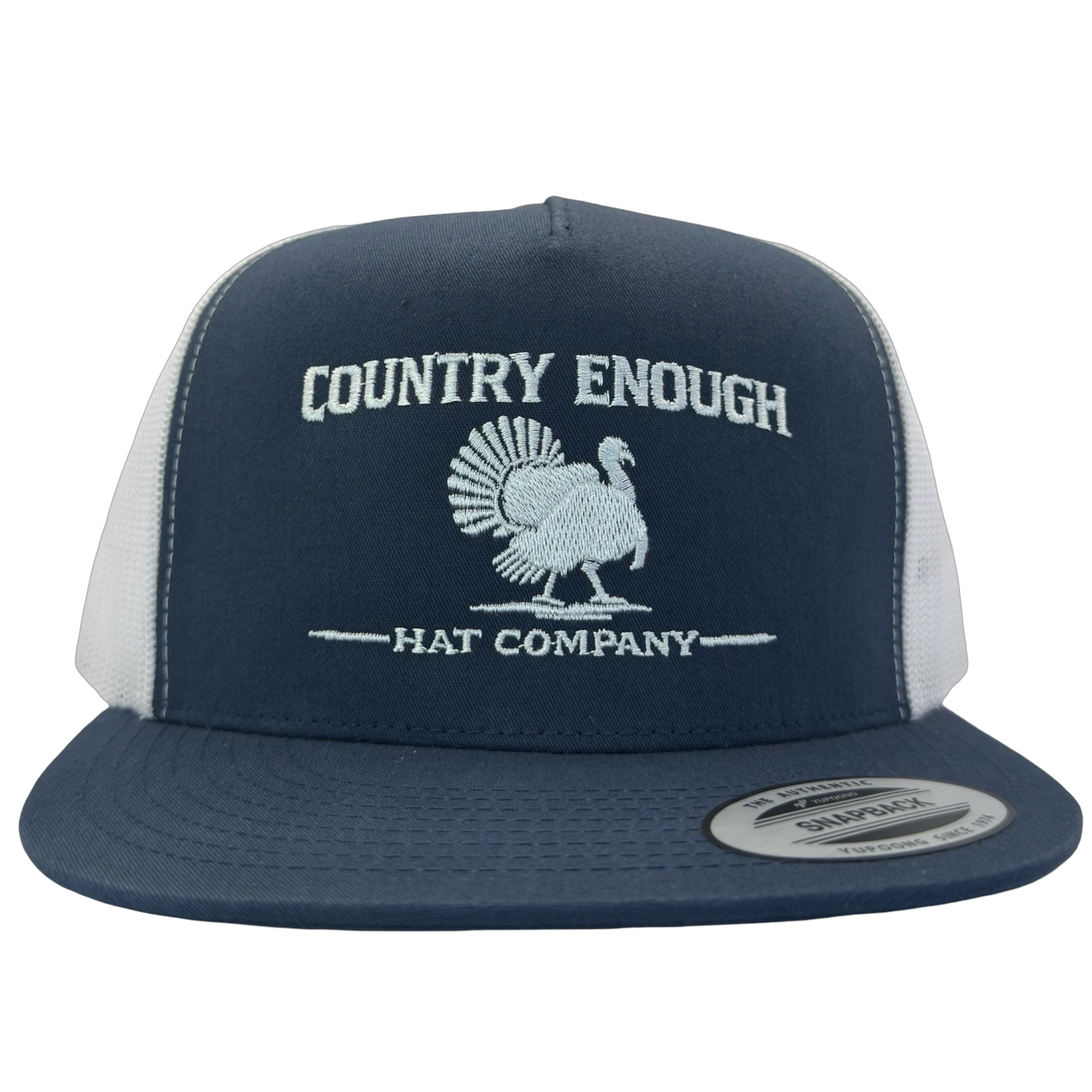 Yupoong 6006 snapback with graphic of turkey and words country enough hat company #navy/white