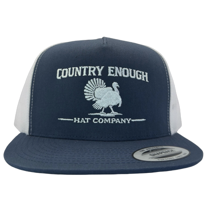 Yupoong 6006 snapback with graphic of turkey and words country enough hat company #navy/white