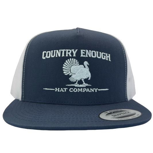Yupoong 6006 snapback with graphic of turkey and words country enough hat company #navy/white