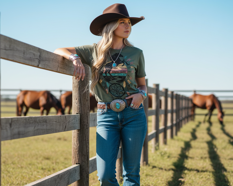 Woman representing Country Enough Western apparel in a cowboy hat and green shirt standing by a wooden fence with horses in the background