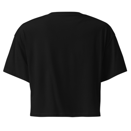 Black crop top with graphic of cowboy hat wearing eagle, mountains, and words rustic soul and country enough #black