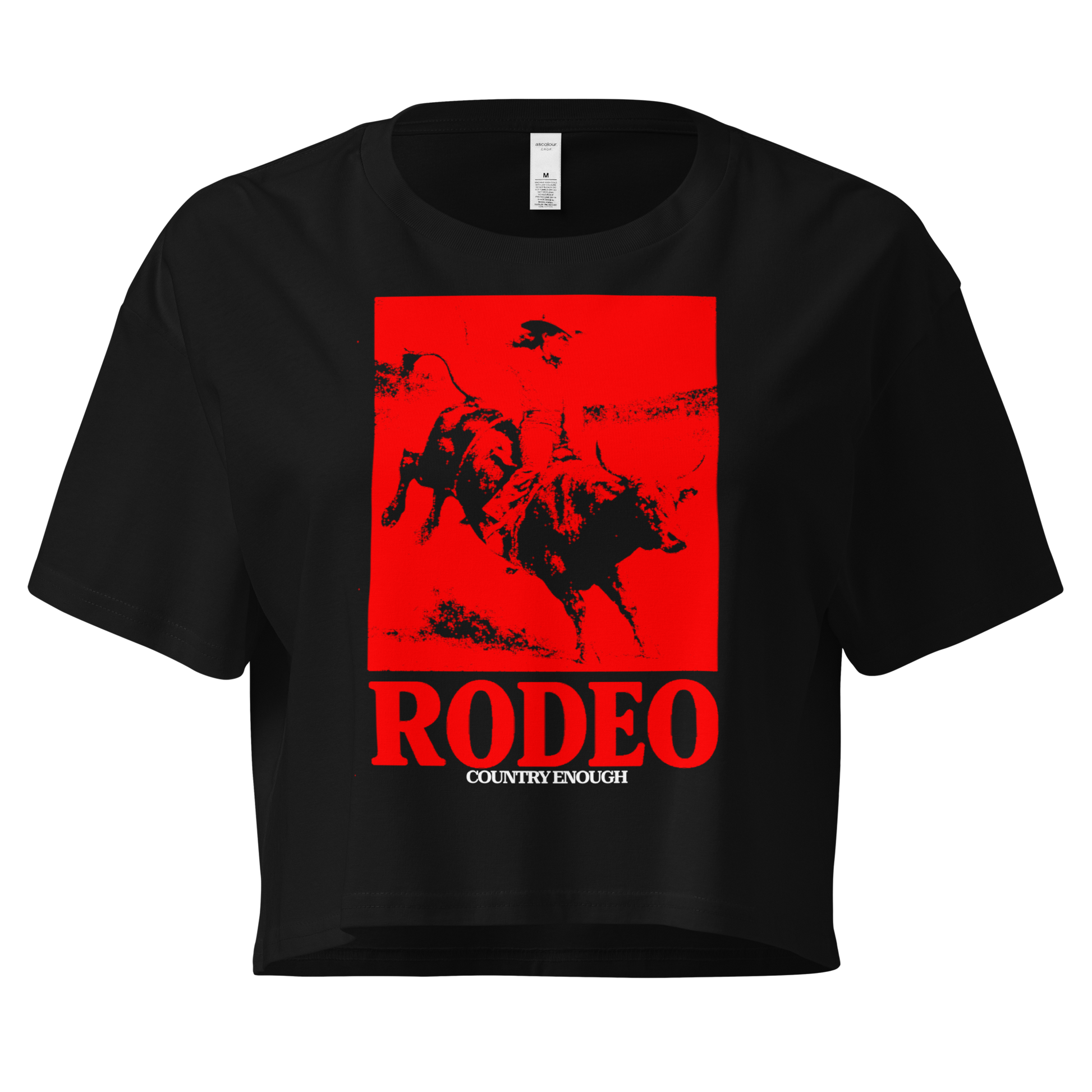 Black crop top with bright red graphic of a cowgirl riding a bull and the word rodeo below #black