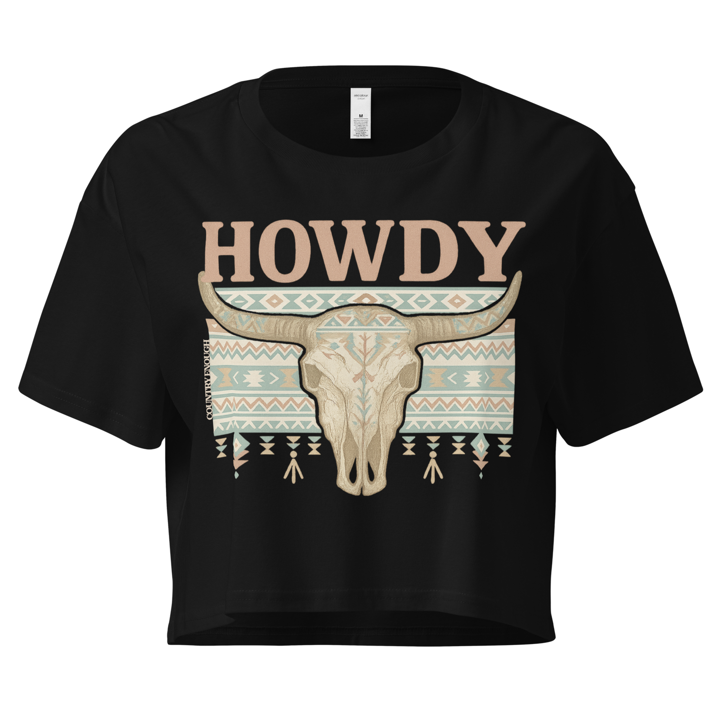 Black crop top with graphic of bull skull, aztec pattern, and the word howdy #black
