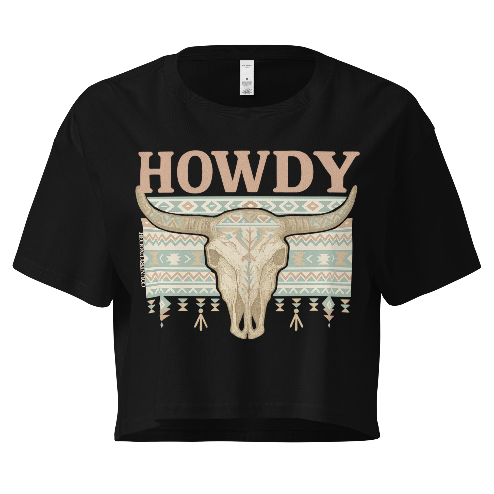 Black crop top with graphic of bull skull, aztec pattern, and the word howdy #black