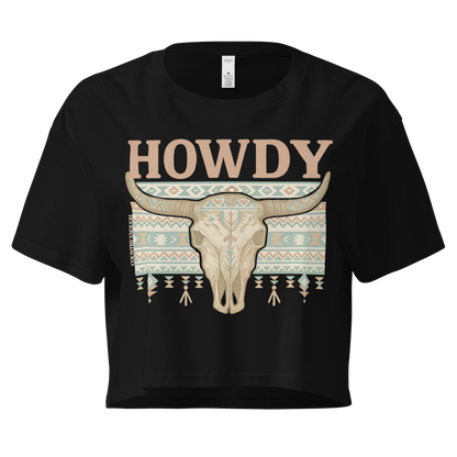 Black crop top with graphic of bull skull, aztec pattern, and the word howdy #black