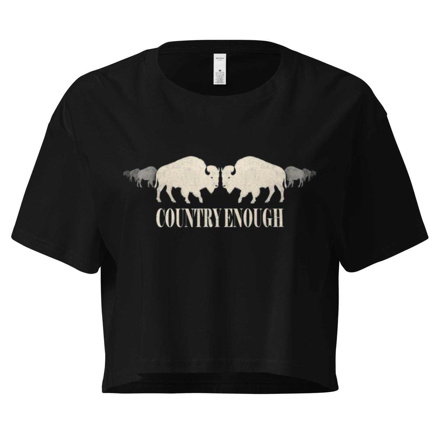 Black crop top with graphic of mirrored bison silhouette and words country enough #black