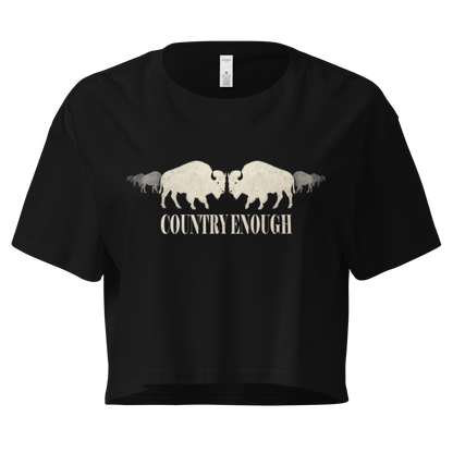 Black crop top with graphic of mirrored bison silhouette and words country enough #black