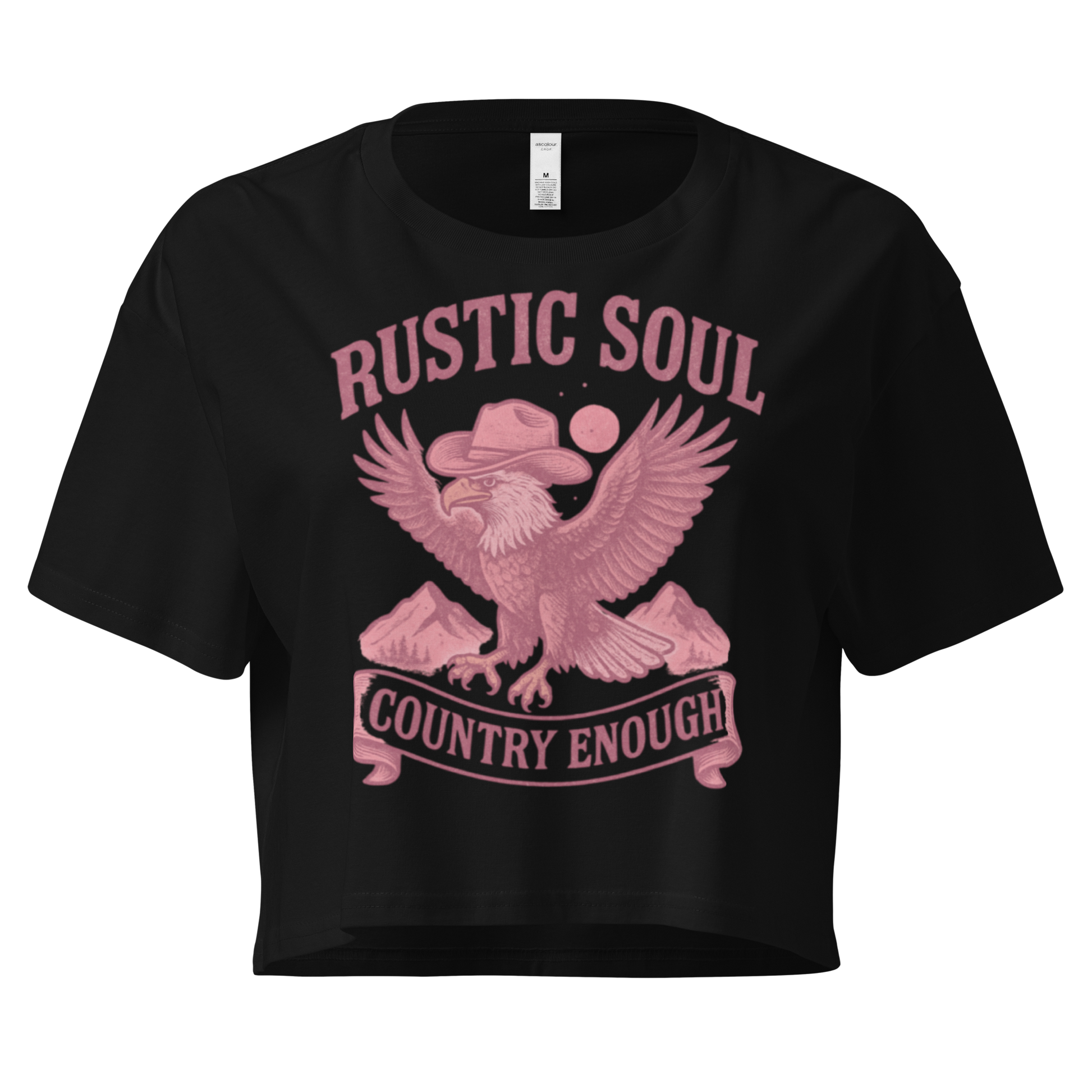 Black crop top with graphic of cowboy hat wearing eagle, mountains, and words rustic soul and country enough #black