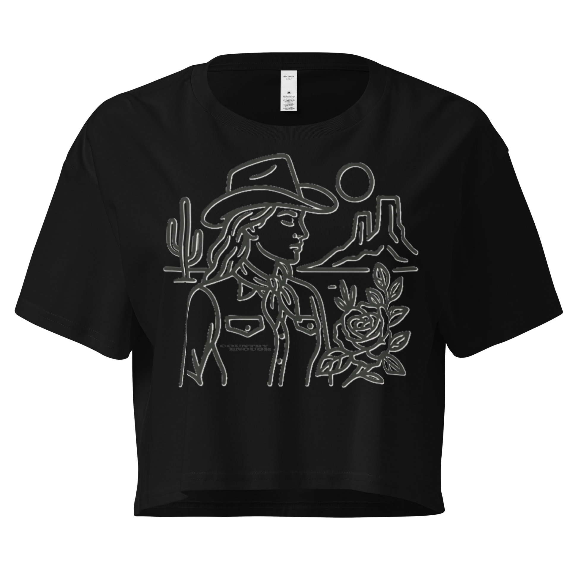 Black crop top with graphic of a cowgirl, desert landscape, sun, cacti, and rose #black