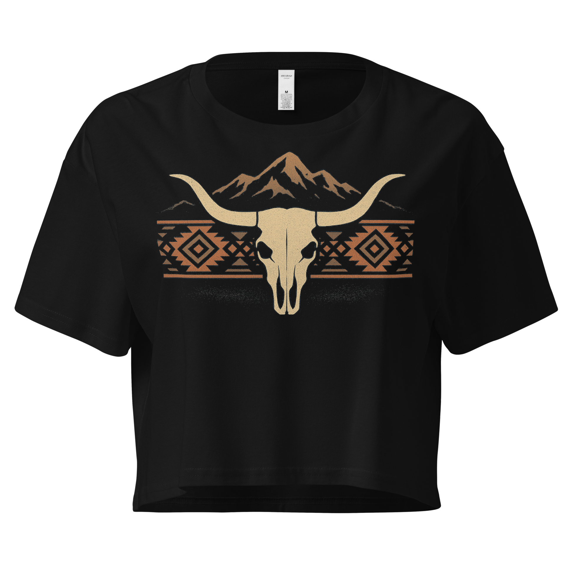Black crop top with mountains, bull skull, and Aztec pattern graphic #black