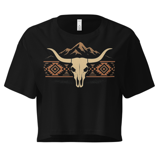 Black crop top with mountains, bull skull, and Aztec pattern graphic #black