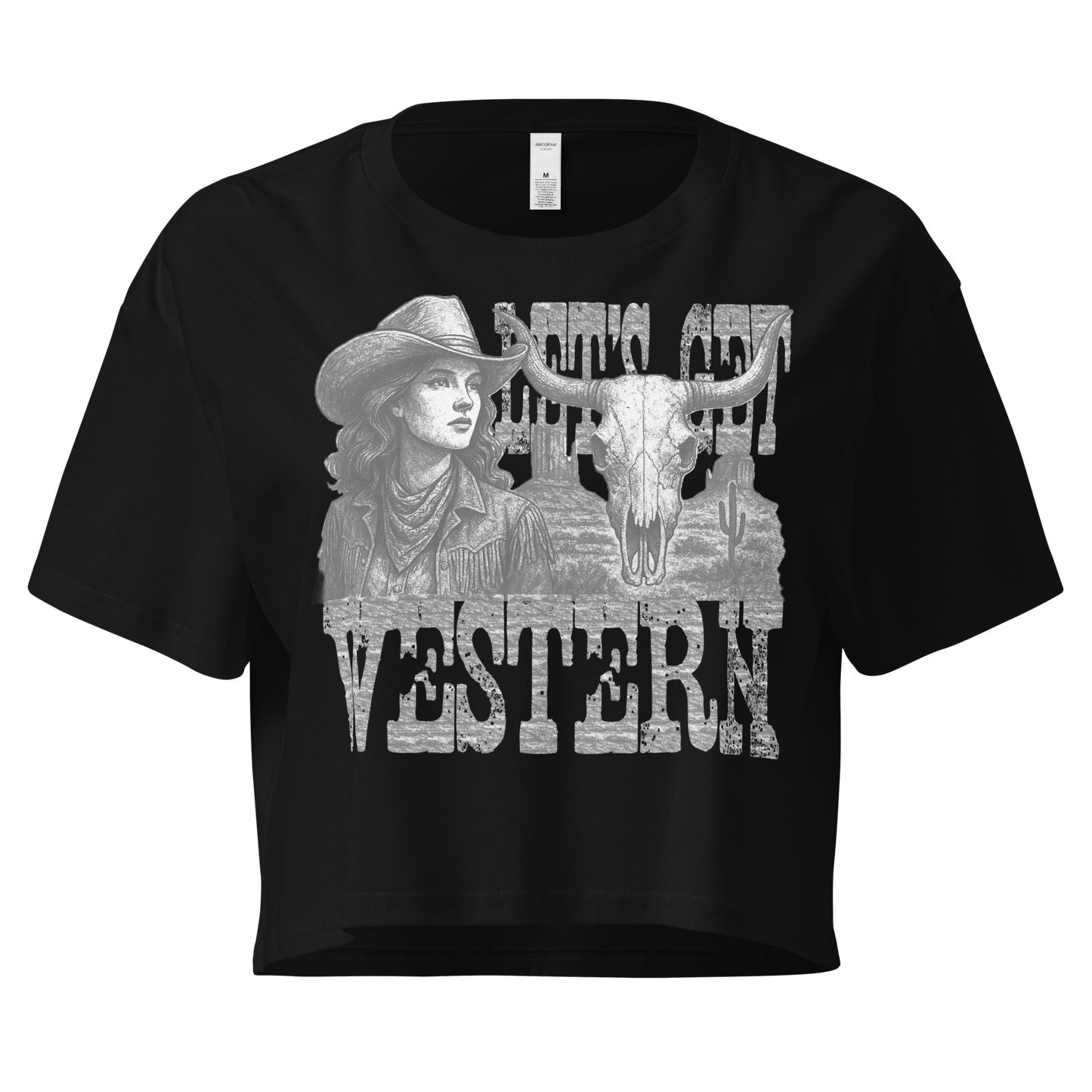 Black crop top with cowgirl, longhorn skull, desert landscape and words Let's Get Western #black