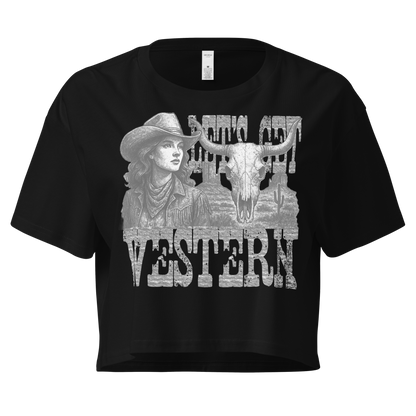 Black crop top with cowgirl, longhorn skull, desert landscape and words Let's Get Western #black
