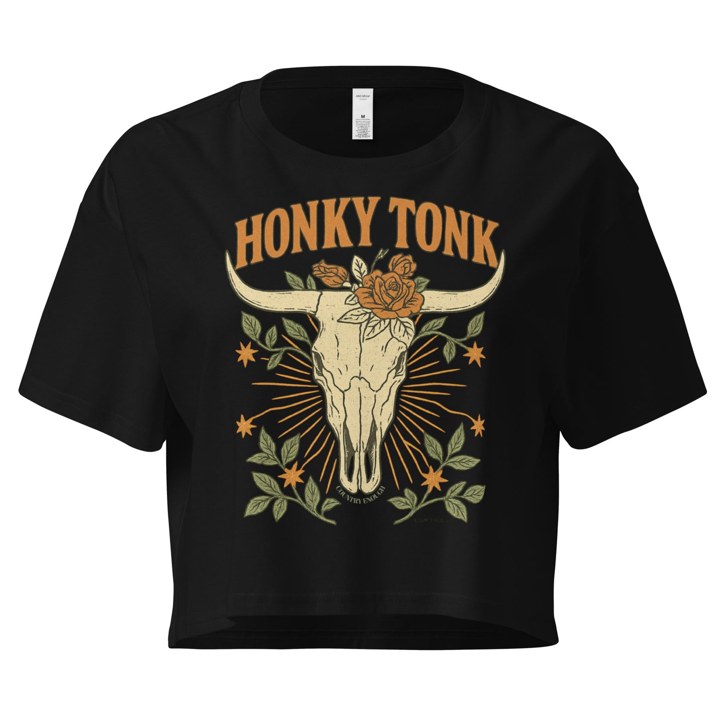 Black crop top with graphic of bull skull and flowers with words honky tonk across the top #black