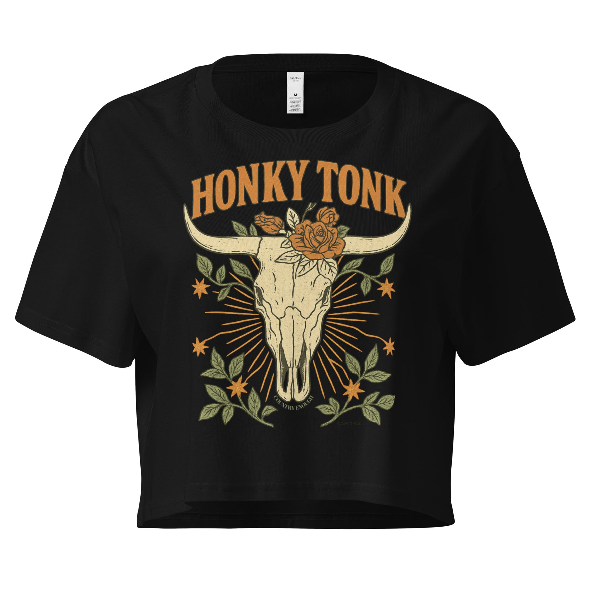 Black crop top with graphic of bull skull and flowers with words honky tonk across the top #black