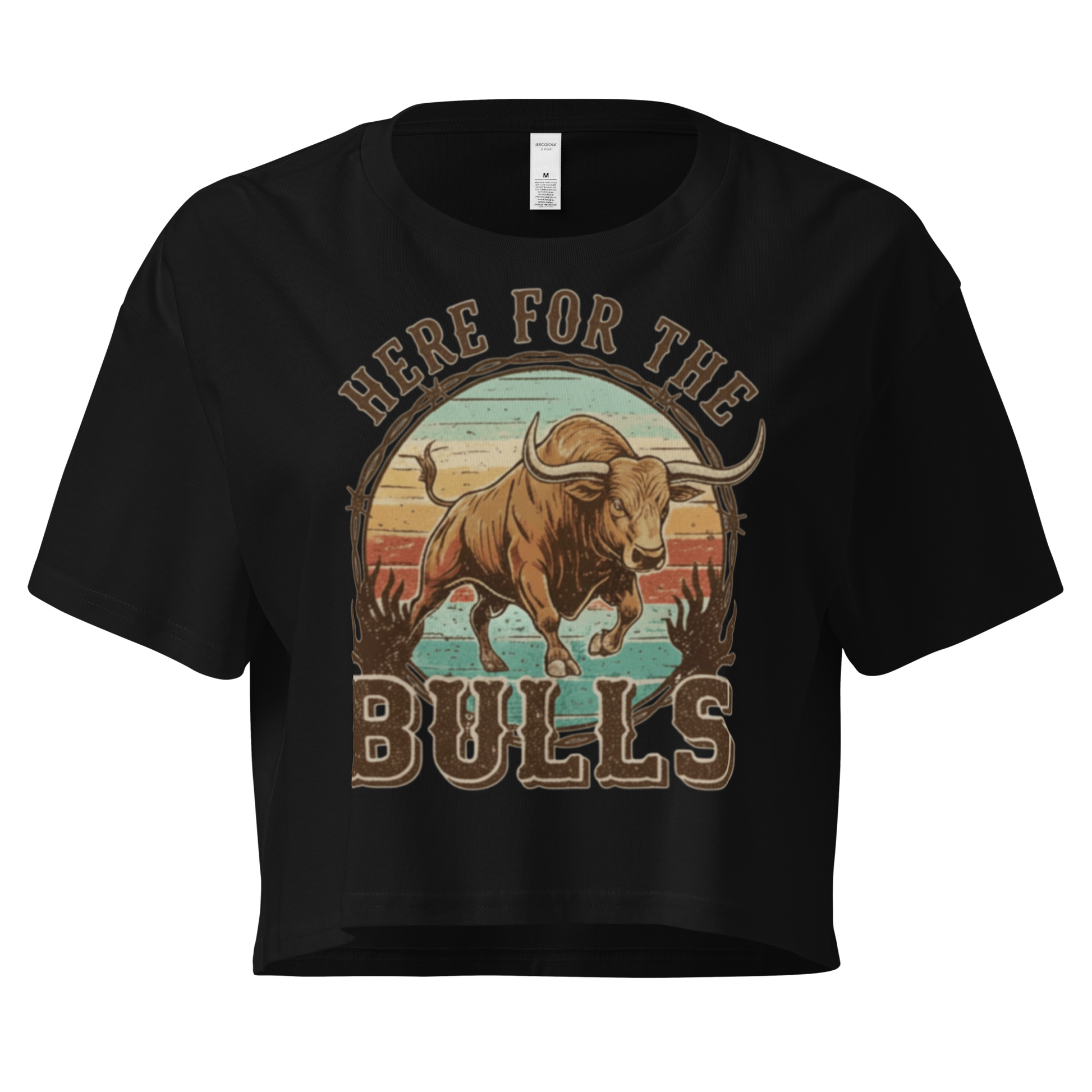 Black crop top with graphic of retro coloring, a bull, and the words here for the bulls. #black