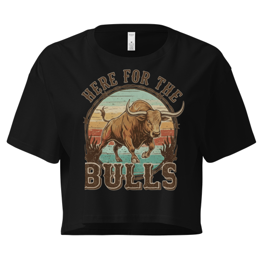 Black crop top with graphic of retro coloring, a bull, and the words here for the bulls. #black