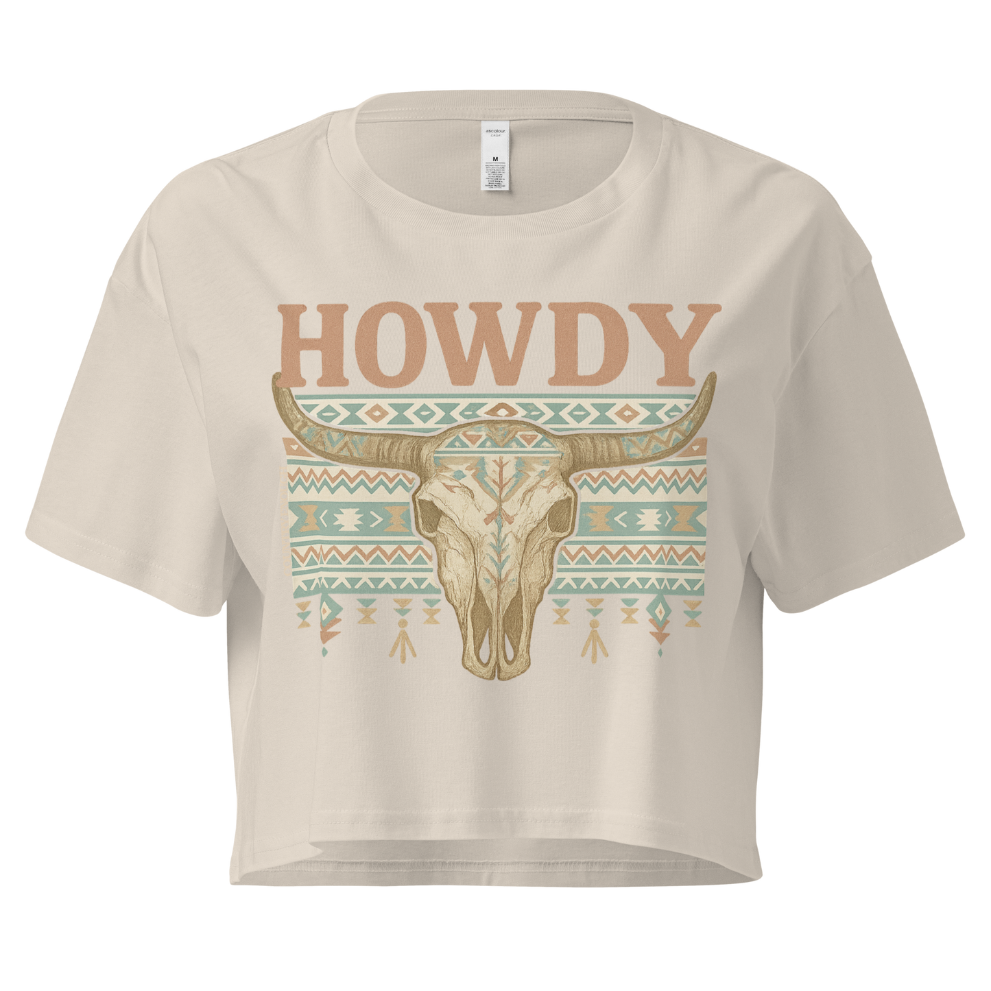 Bone crop top with graphic of bull skull, aztec pattern, and the word howdy #bone