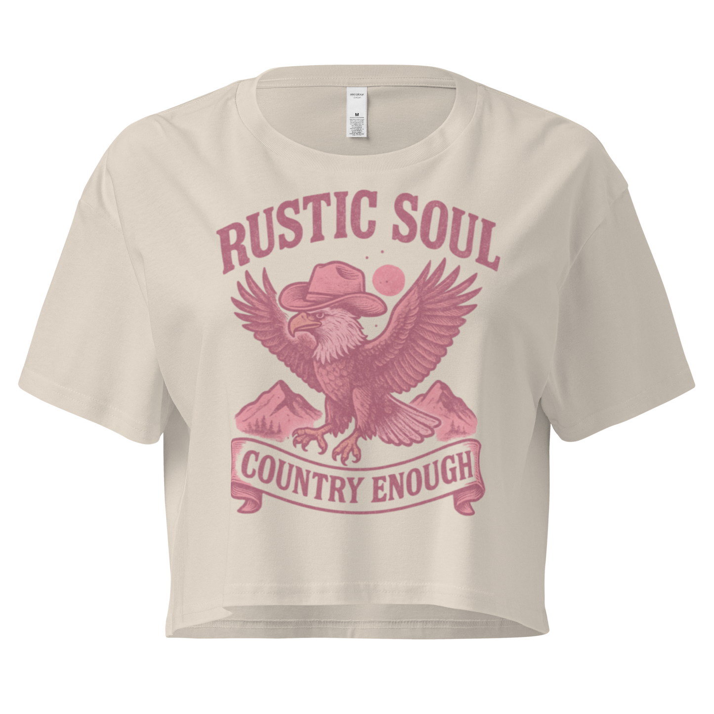 Bone crop top with graphic of cowboy hat wearing eagle, mountains, and words rustic soul and country enough #bone