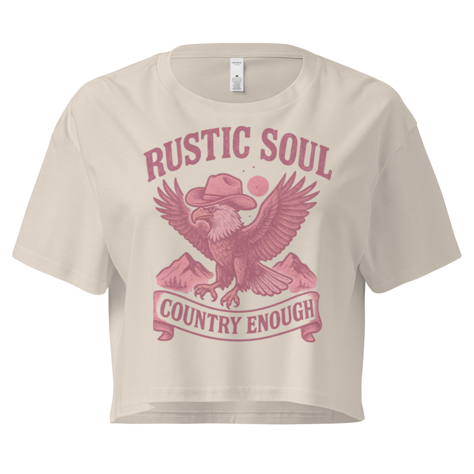 Bone crop top with graphic of cowboy hat wearing eagle, mountains, and words rustic soul and country enough #bone