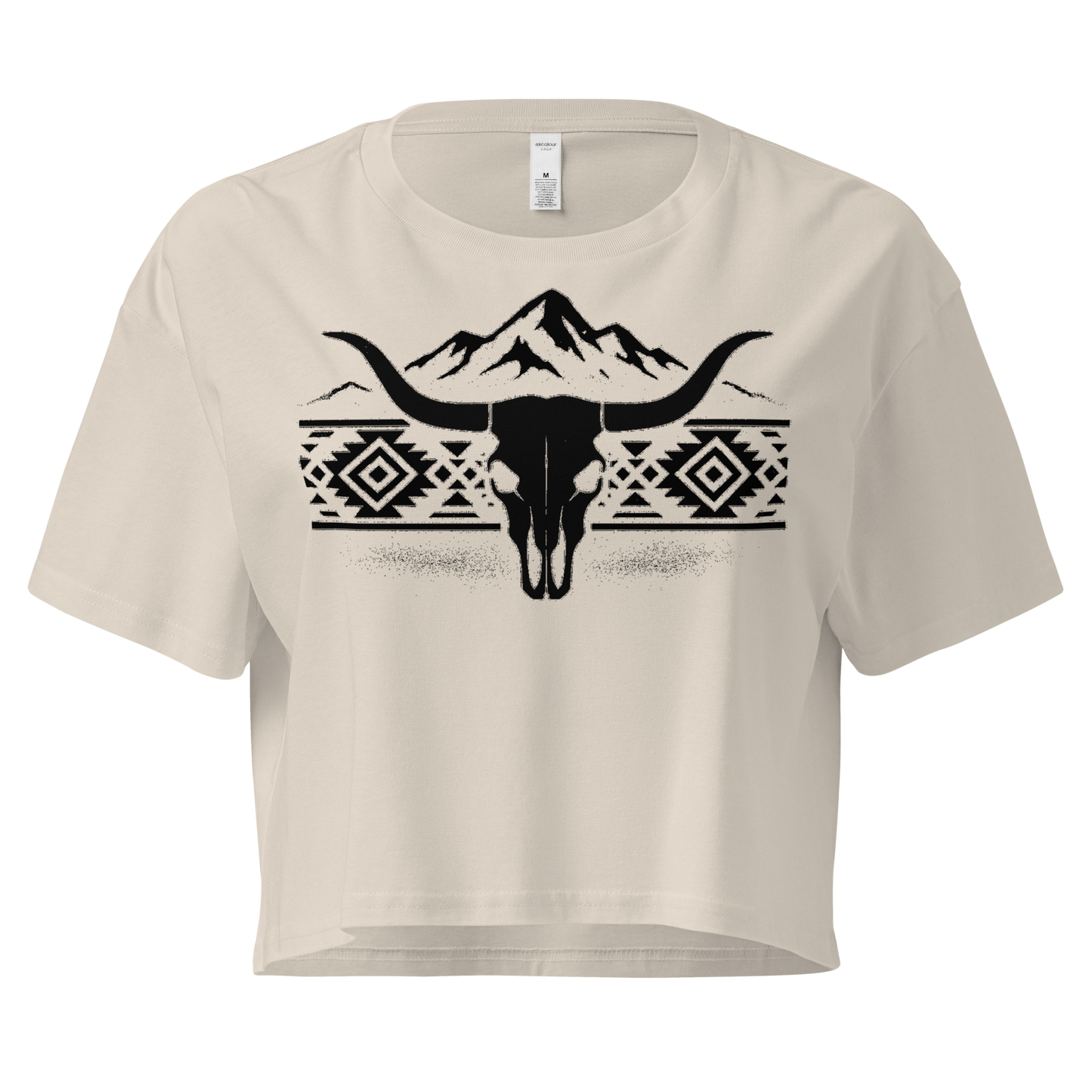 Bone crop top with mountains, bull skull, and Aztec pattern graphic #bone