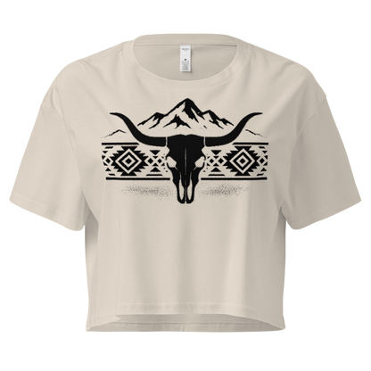 Bone crop top with mountains, bull skull, and Aztec pattern graphic #bone