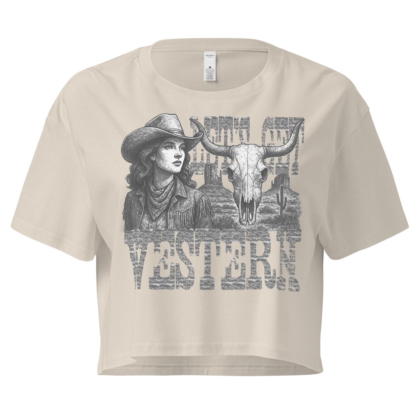 Bone crop top with cowgirl, longhorn skull, desert landscape and words Let's Get Western #bone