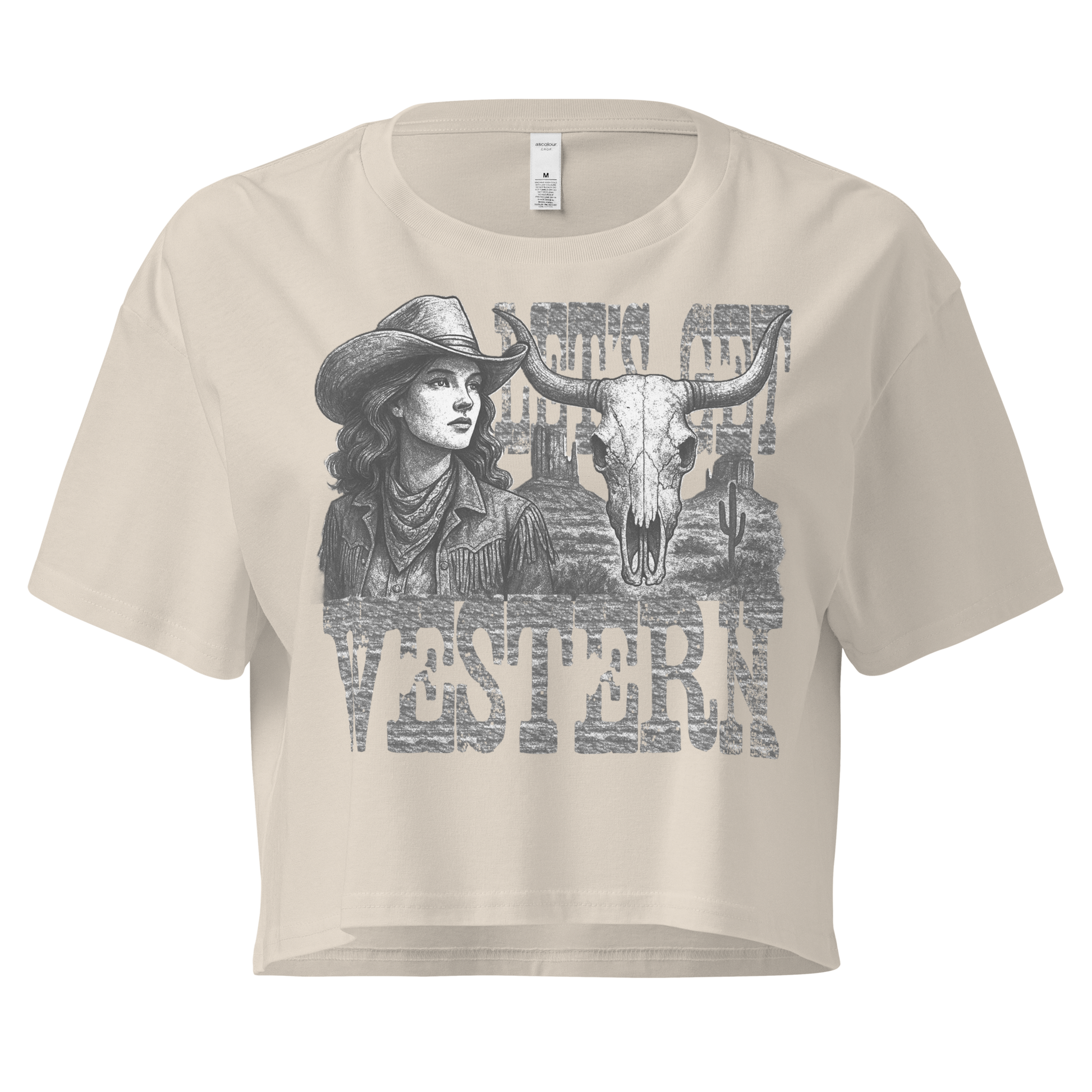 Bone crop top with cowgirl, longhorn skull, desert landscape and words Let's Get Western #bone