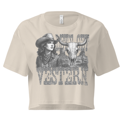 Bone crop top with cowgirl, longhorn skull, desert landscape and words Let's Get Western #bone