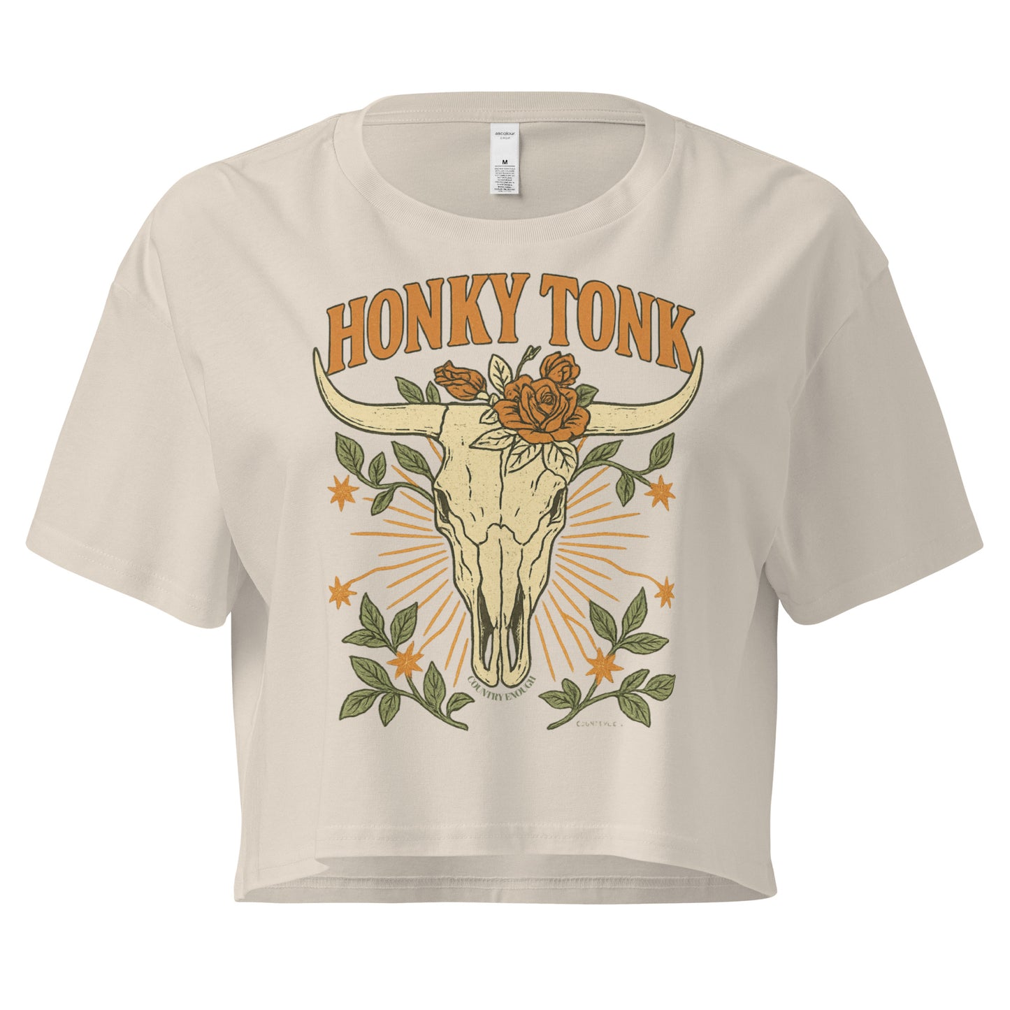 Bone crop top with graphic of bull skull and flowers with words honky tonk across the top #bone