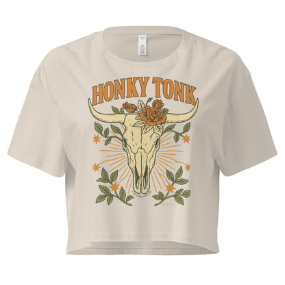 Bone crop top with graphic of bull skull and flowers with words honky tonk across the top #bone