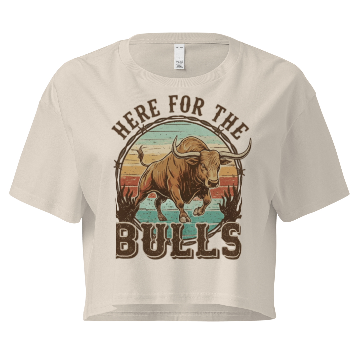 Bone crop top with graphic of retro coloring, a bull, and the words here for the bulls. #bone