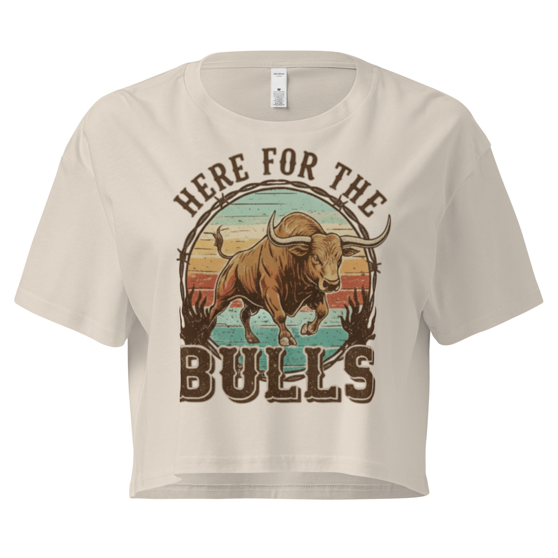 Bone crop top with graphic of retro coloring, a bull, and the words here for the bulls. #bone