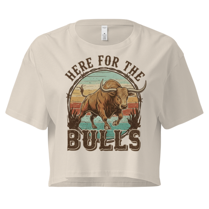Bone crop top with graphic of retro coloring, a bull, and the words here for the bulls. #bone