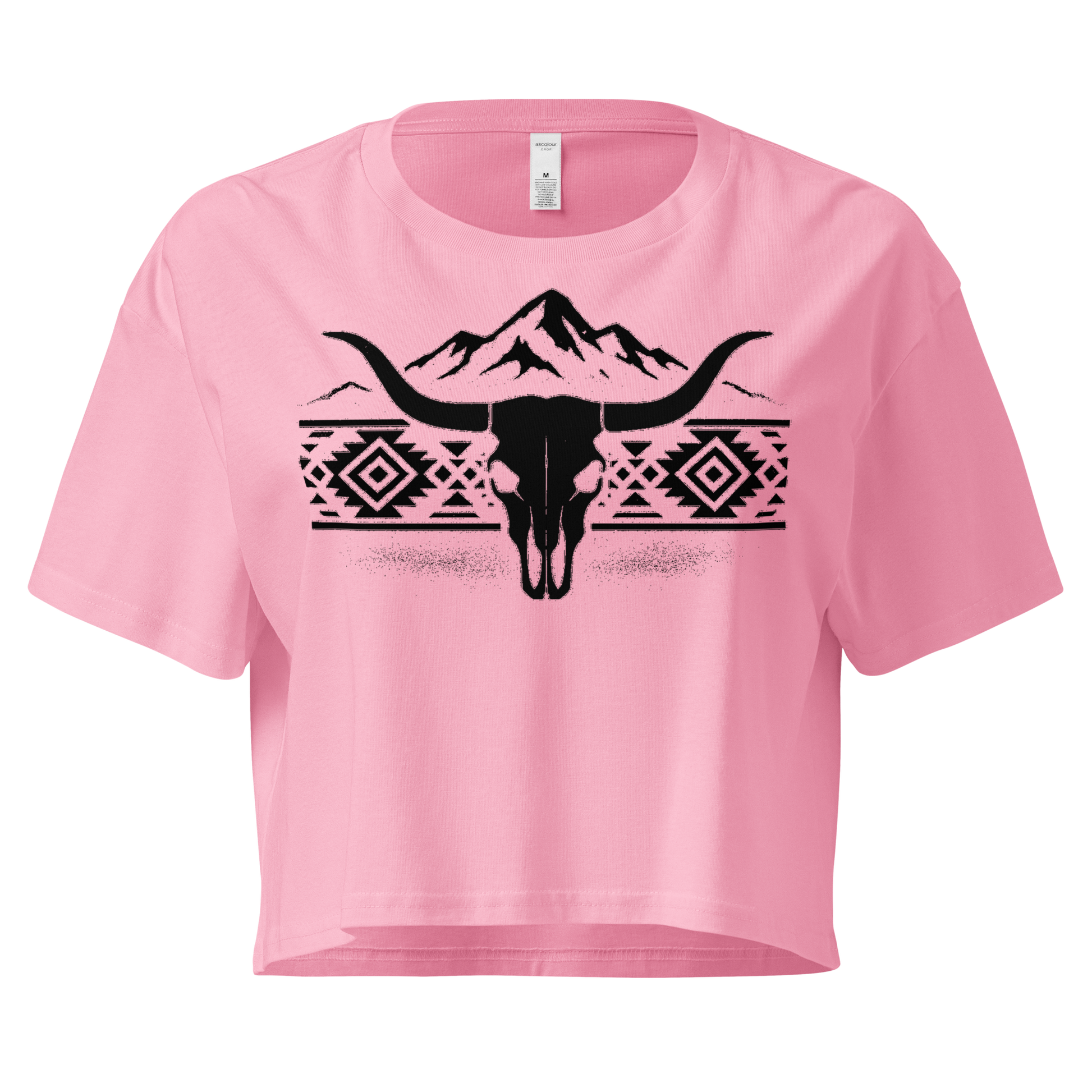Pink crop top with mountains, bull skull, and Aztec pattern graphic #pink