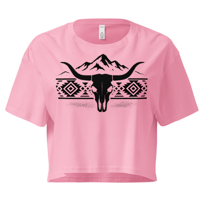Pink crop top with mountains, bull skull, and Aztec pattern graphic #pink