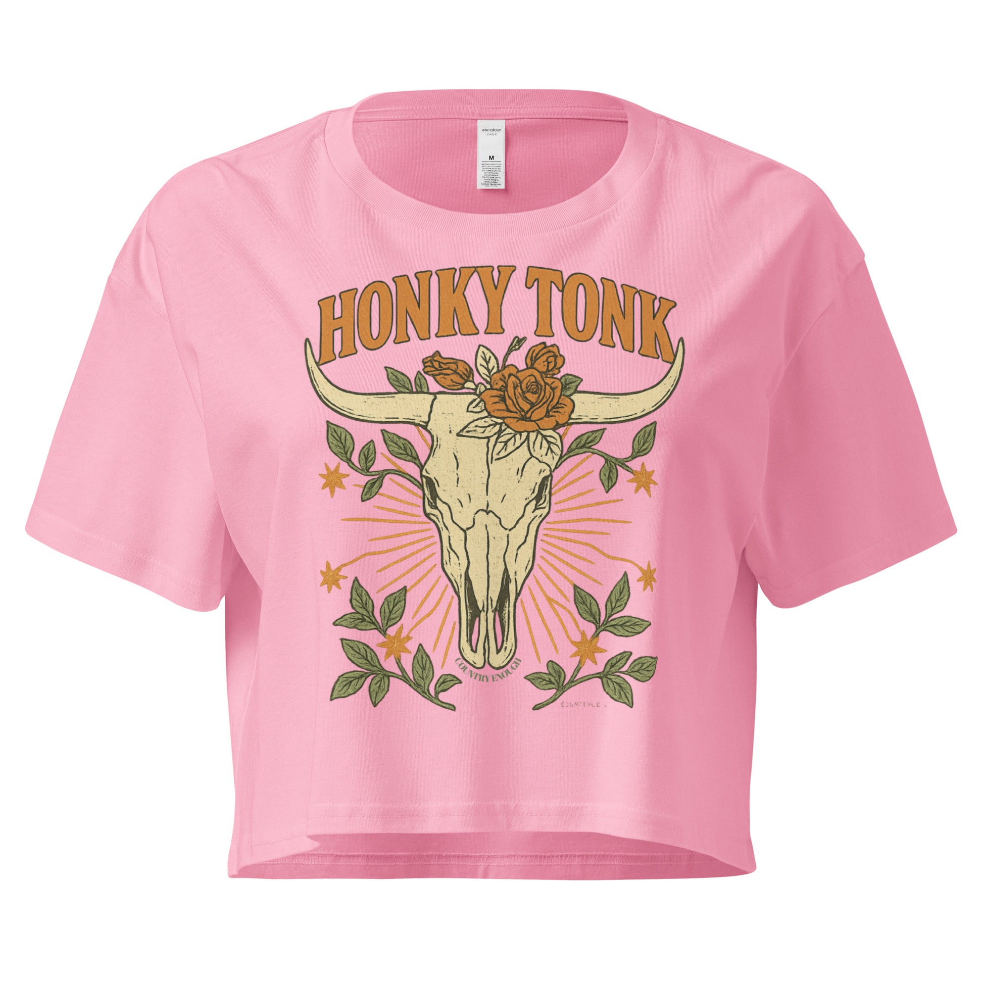 Pink crop top with graphic of bull skull and flowers with words honky tonk across the top #pink