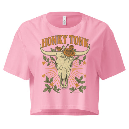 Pink crop top with graphic of bull skull and flowers with words honky tonk across the top #pink