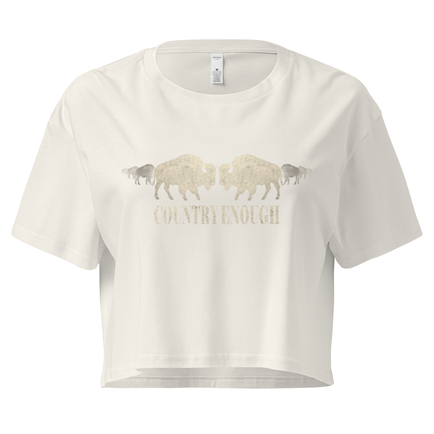 Ecru crop top with graphic of mirrored bison silhouette and words country enough #ecru