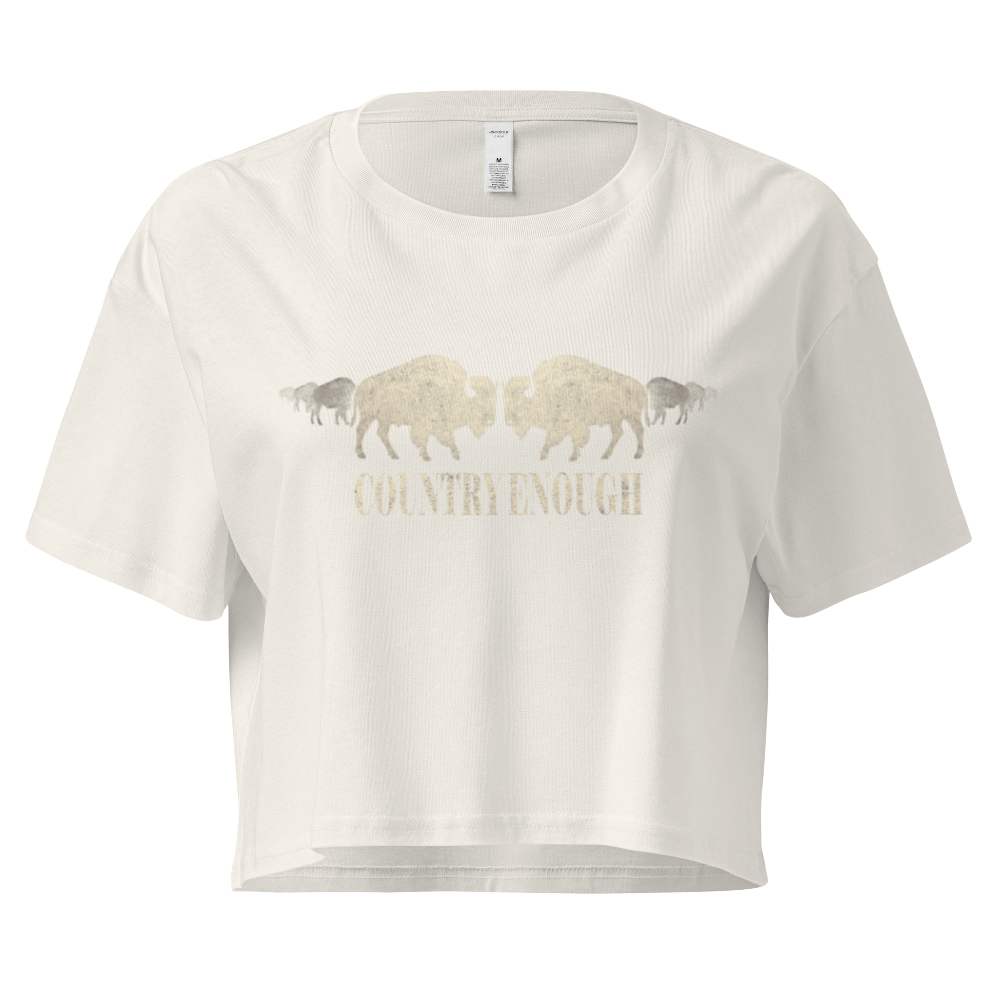 Ecru crop top with graphic of mirrored bison silhouette and words country enough #ecru
